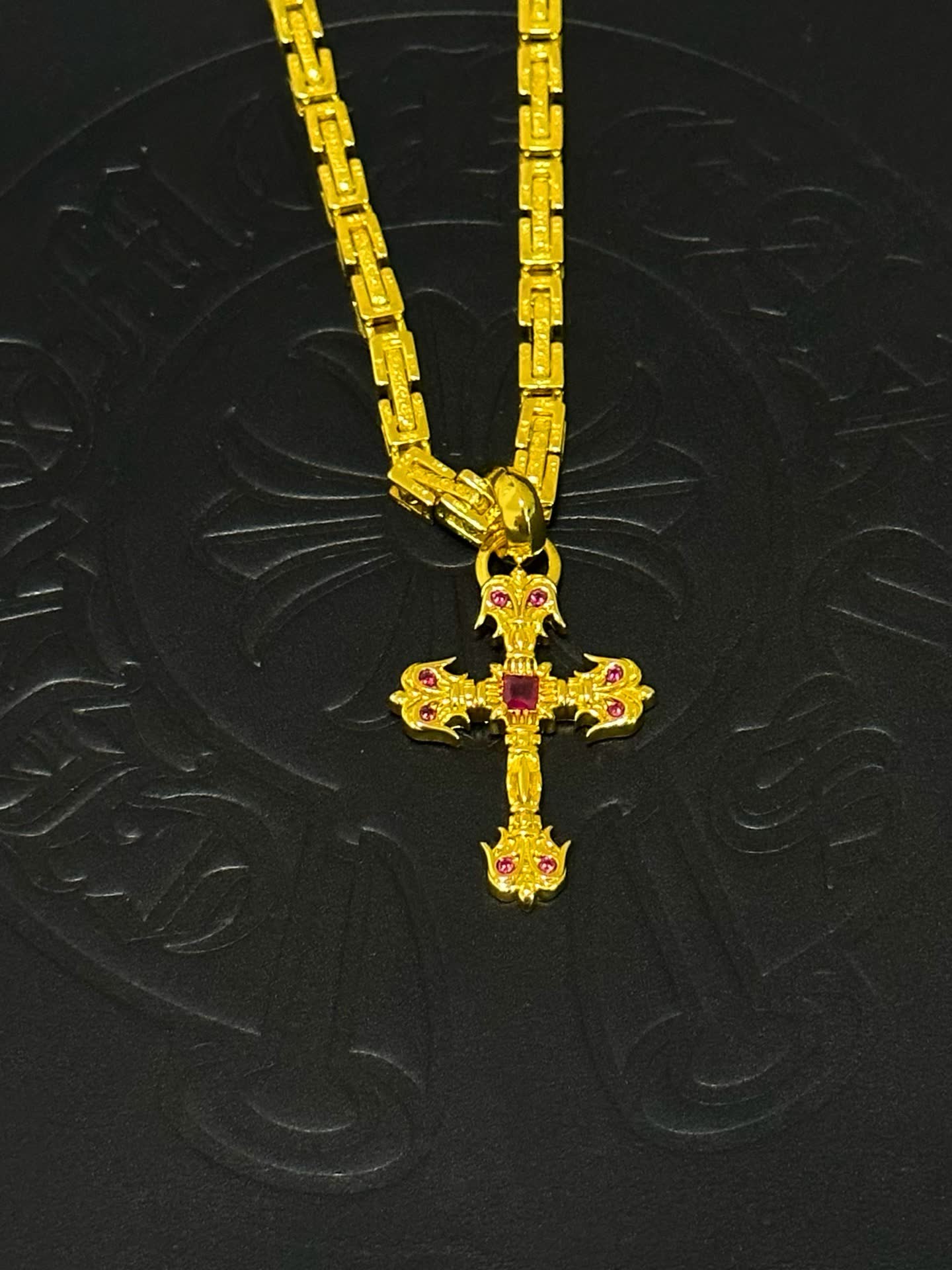 Chrome Hearts Gold Plated Cross Pendant with Ruby Stones